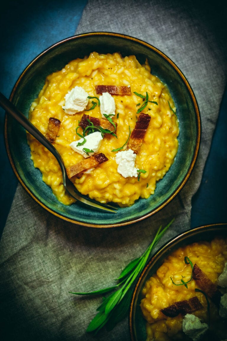 Bowl of butternut squash and sage risotto.