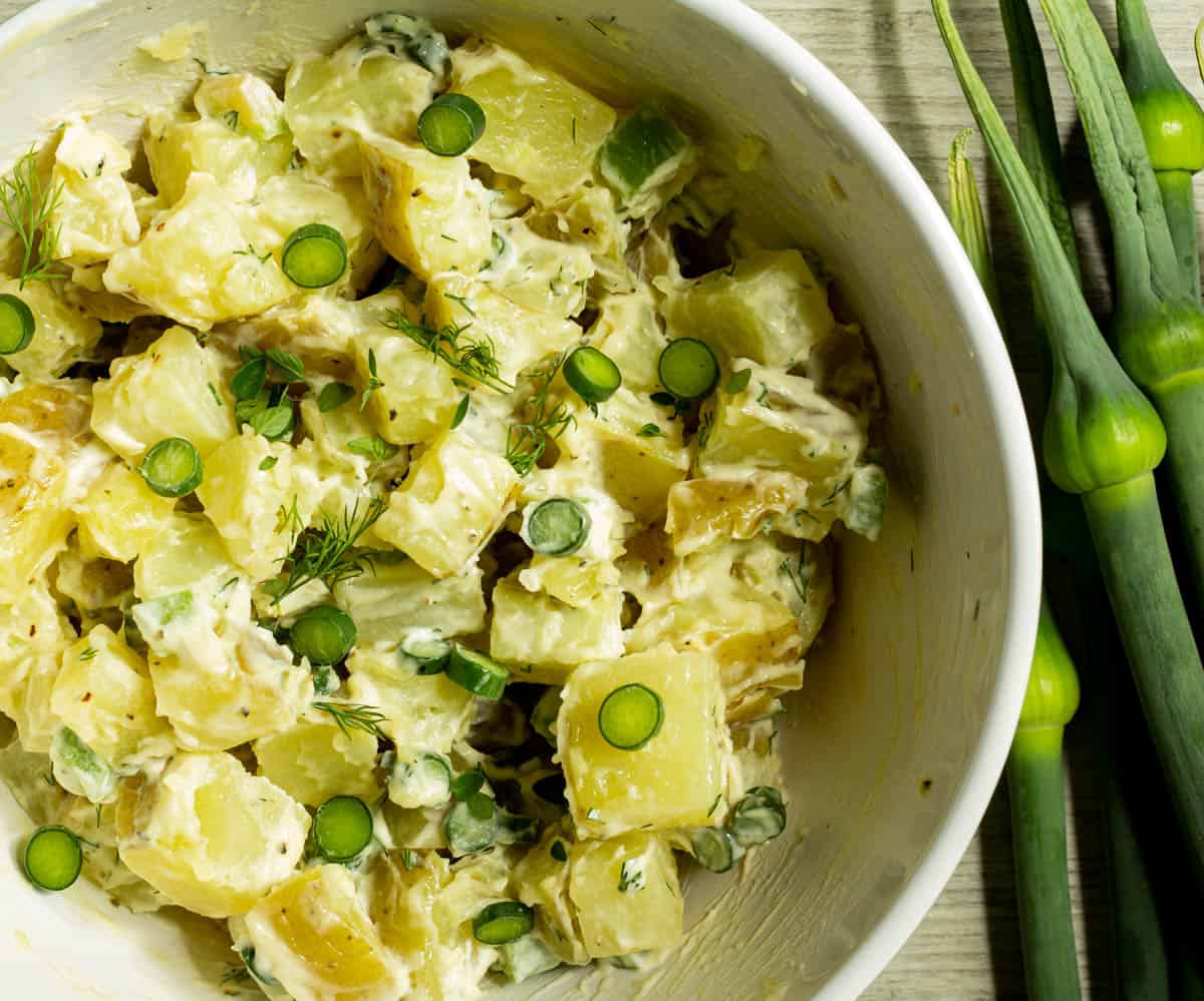 Potato Salad with Leek Scapes and herbs