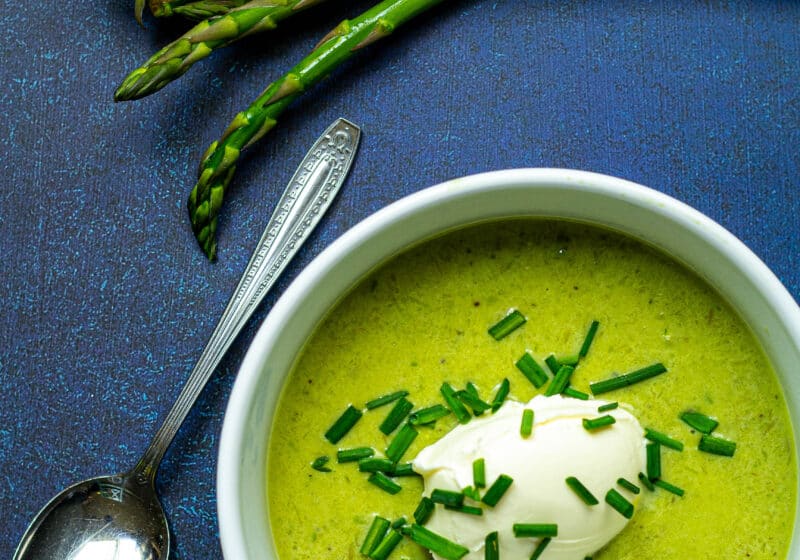 bowl of asparagus soup with chives