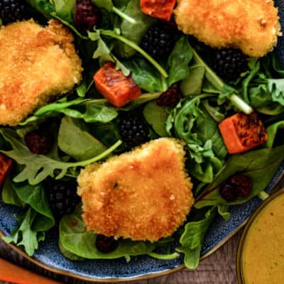 closeup photo of fried goat cheese salad