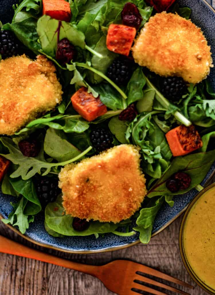 closeup photo of fried goat cheese salad