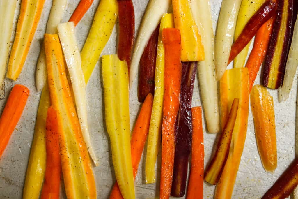 rainbow carrots on a sheet pan