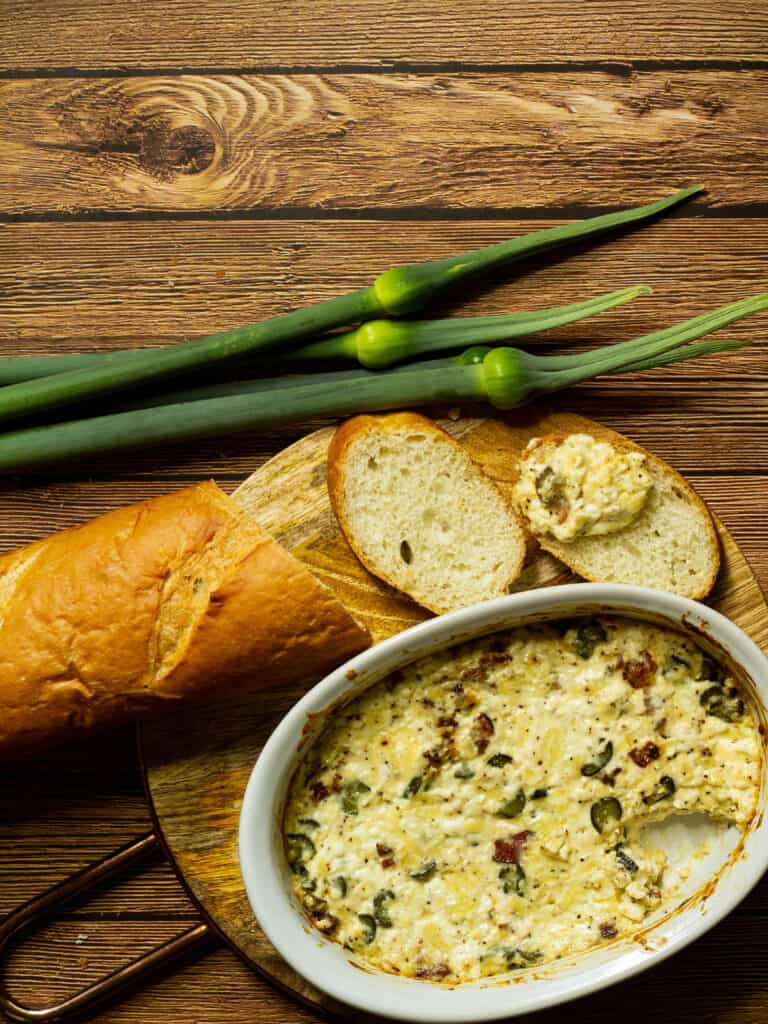 Leek scapes with dip and bread