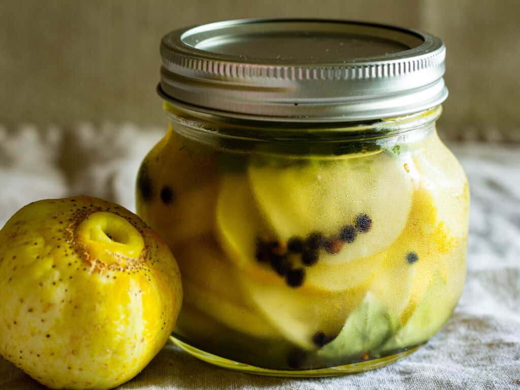 closeup photo of a jar of lemon cucumber pickles