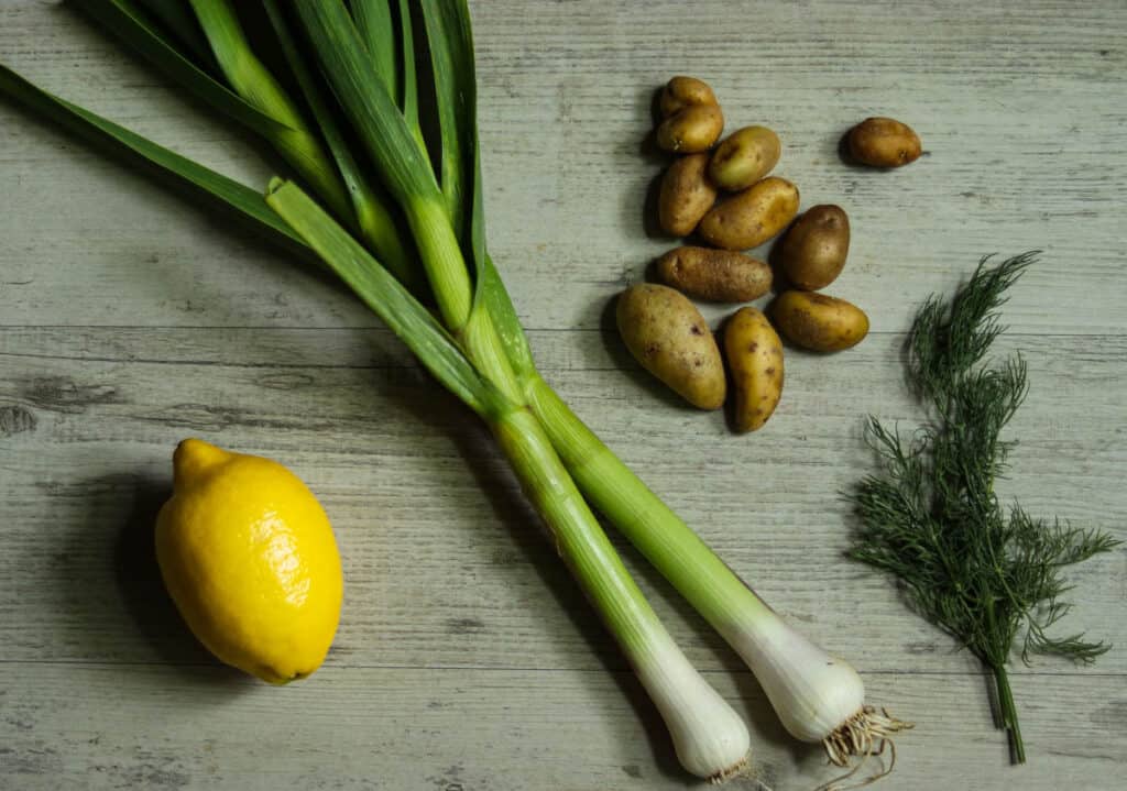 lemon, spring onions, fingerling potatoes, and dill