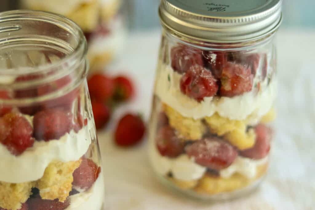 closeup of strawberry shortcake in a jar