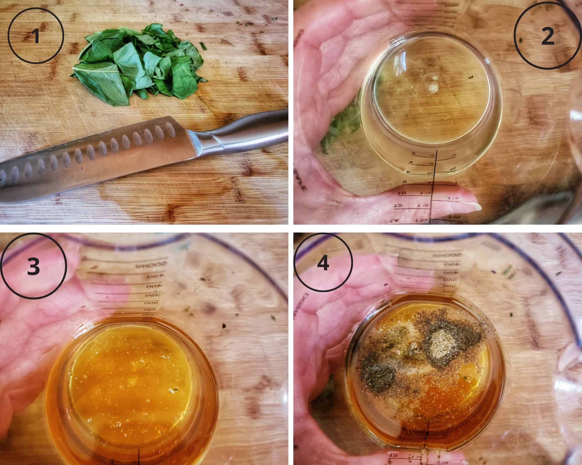 photos showing adding the vinaigrette ingredients to the blender cup