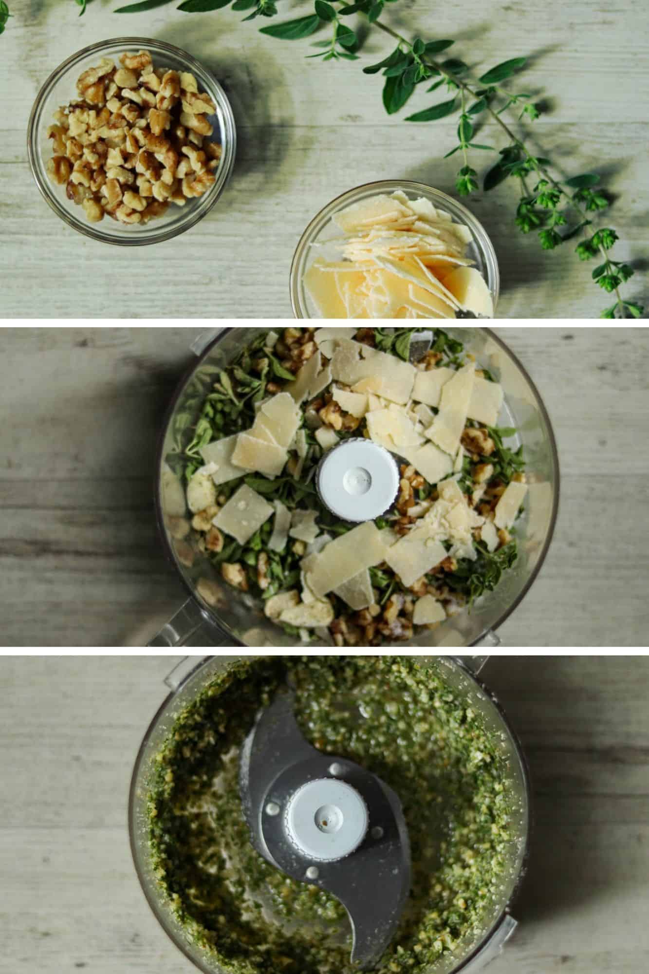 pictures showing oregano pesto ingredients and steps to make the pesto
