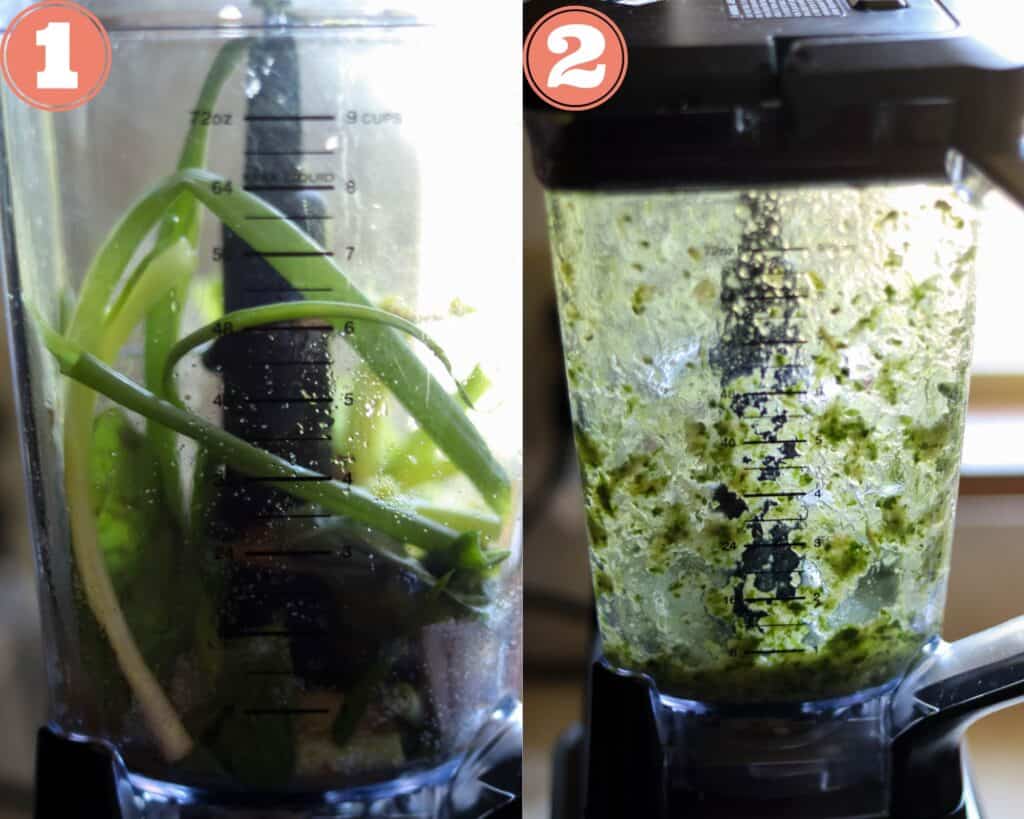 photos of green curry paste in the blender.