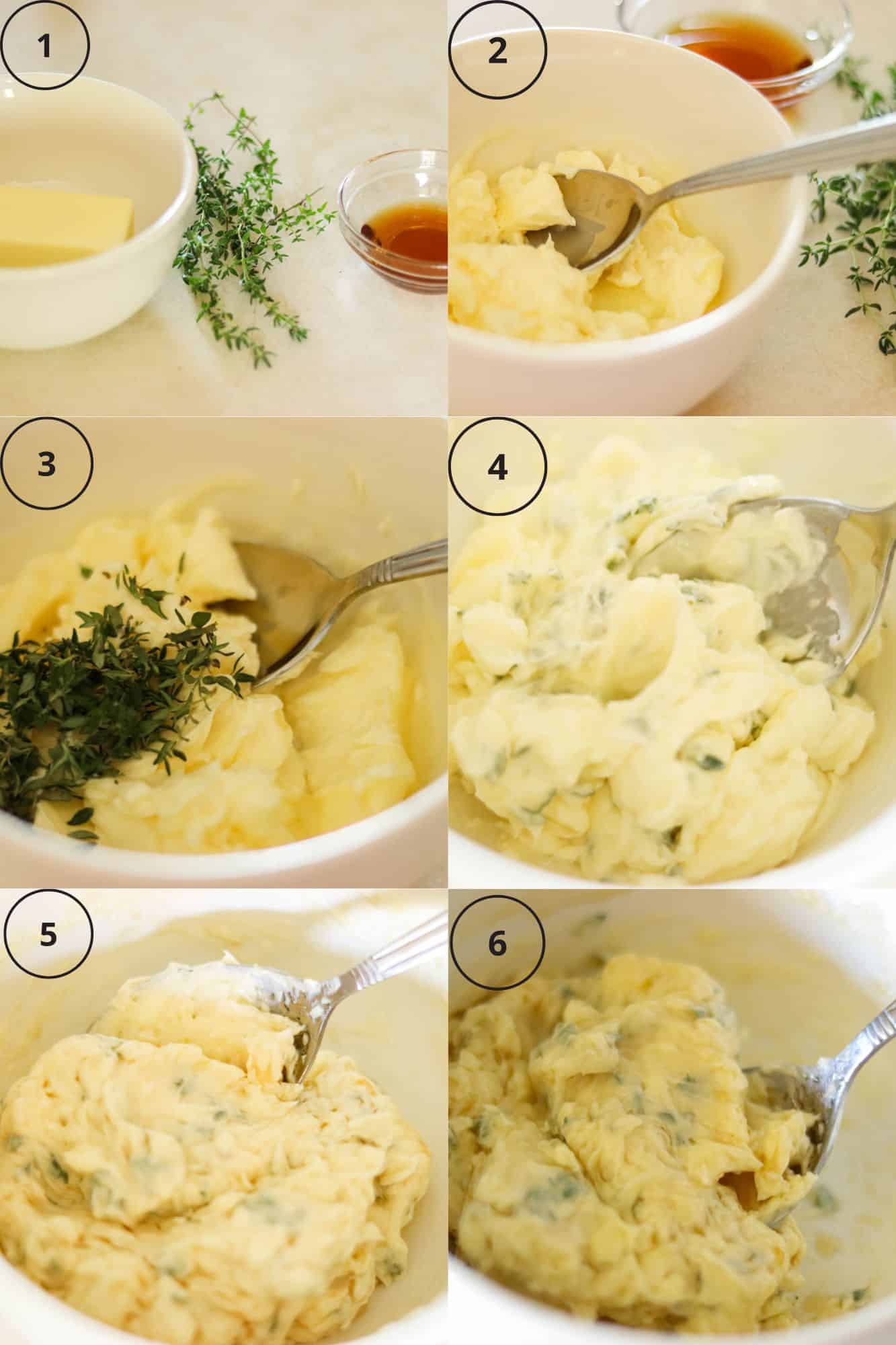 six photos showing how to make the maple thyme butter.