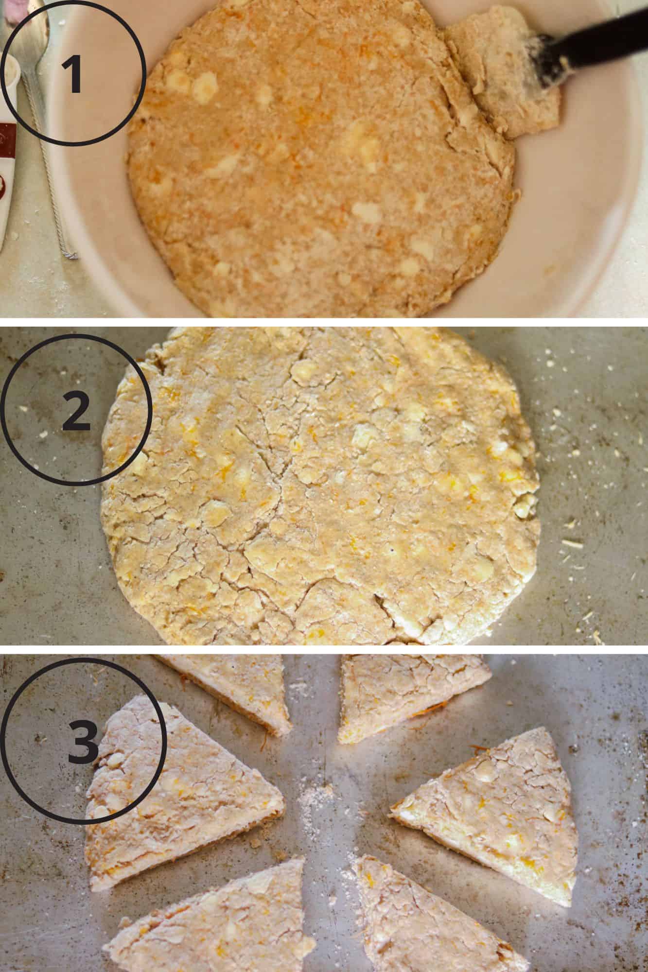 photos showing shaping the scone dough and getting ready to bake.