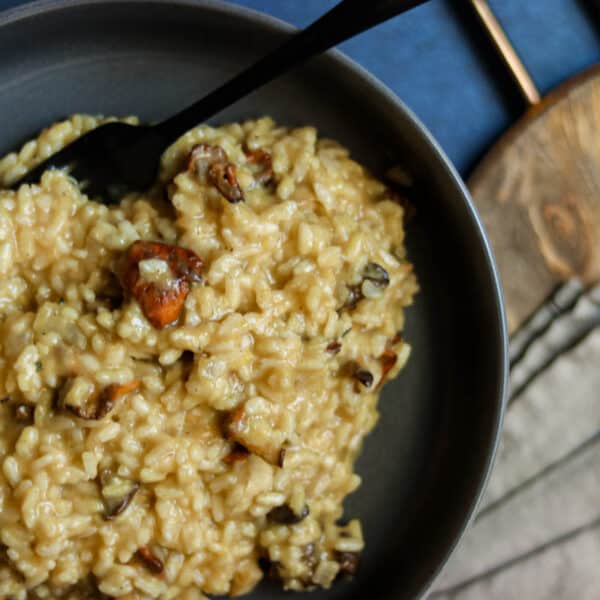 closeup photo of risotto in a gray bowl.