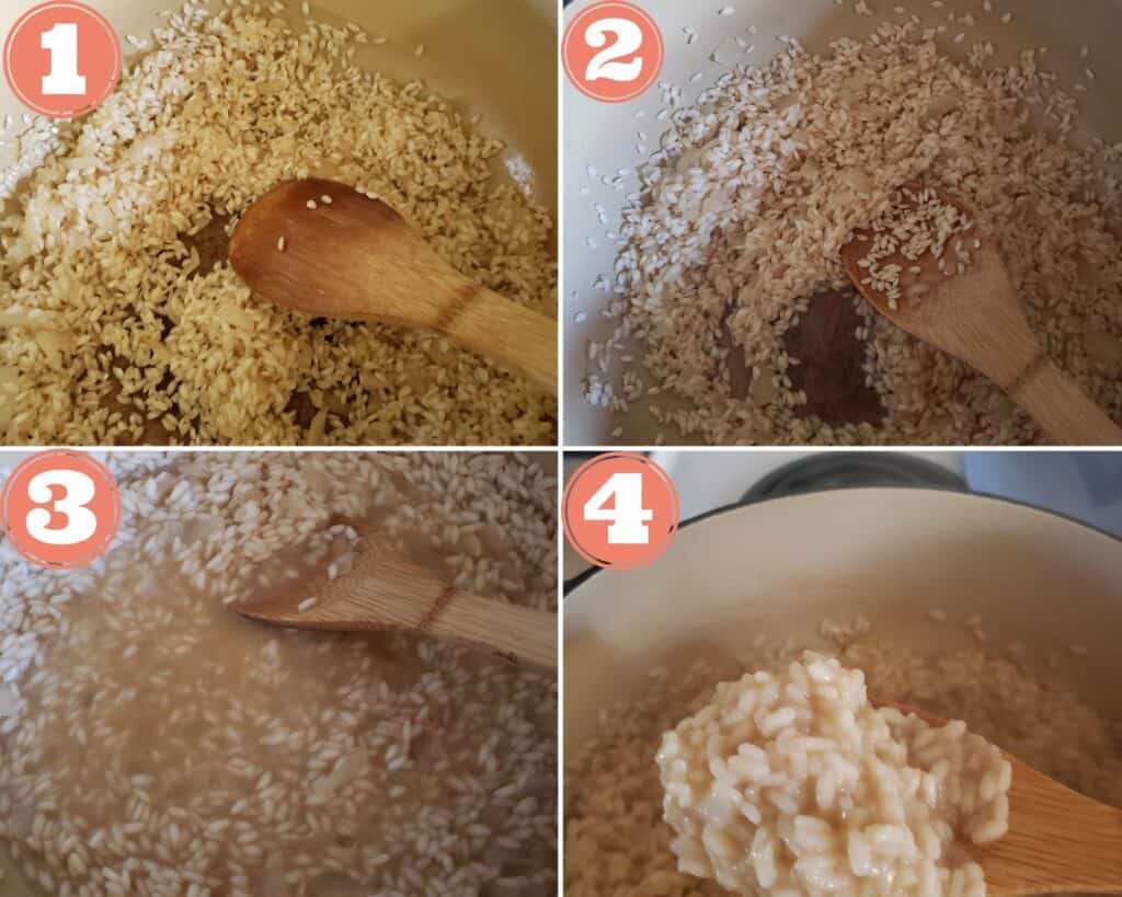 four photos showing the steps to cook the risotto.