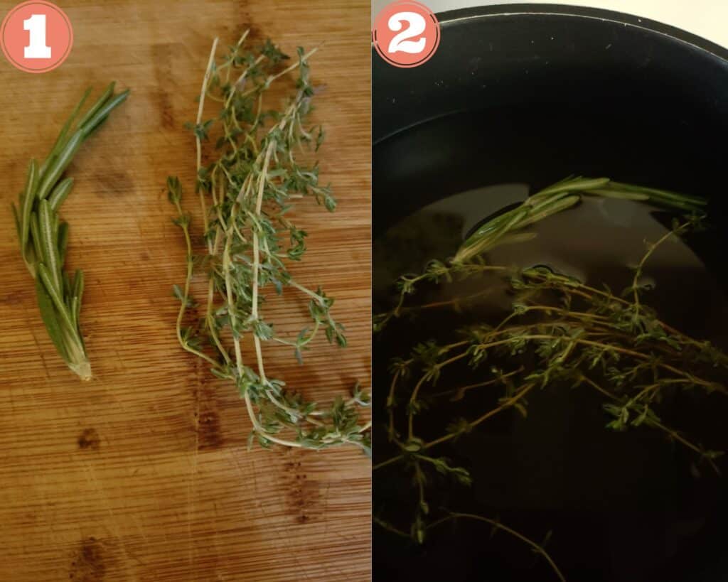 photos of fresh herbs and stock to make risotto.