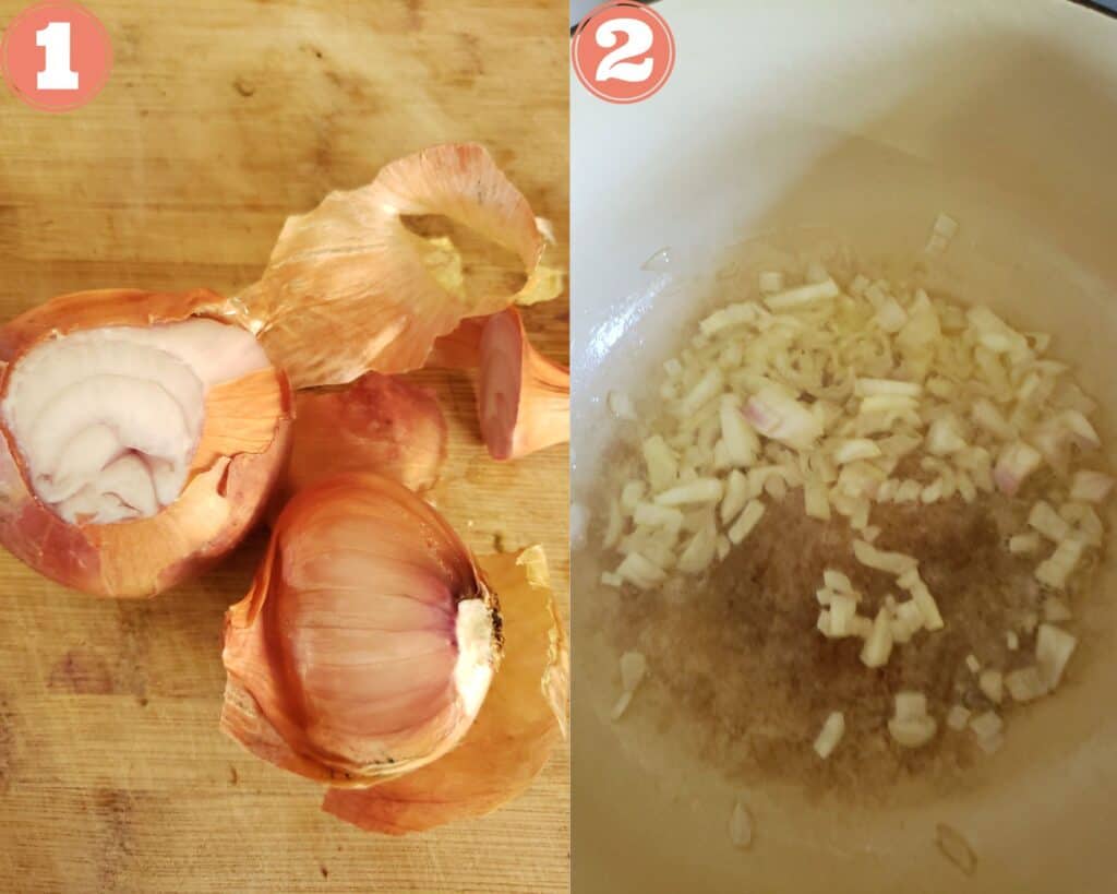 photo collage showing chopping tha shallots and cooking them.