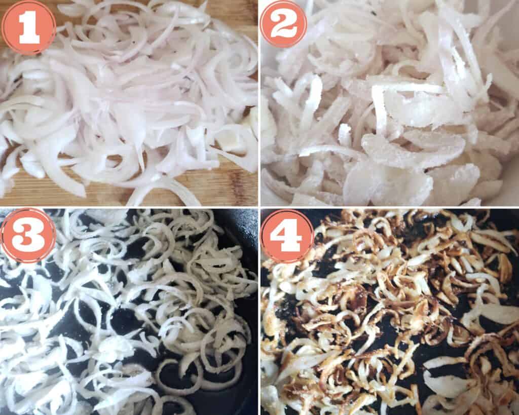 Steps required to make the crispy fried shallots, slicing, coating with flour, and cooking in oil.