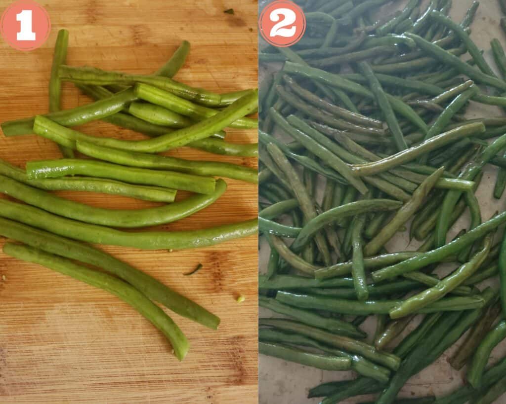 Green beans with ends trimmed, and roasted green benas.