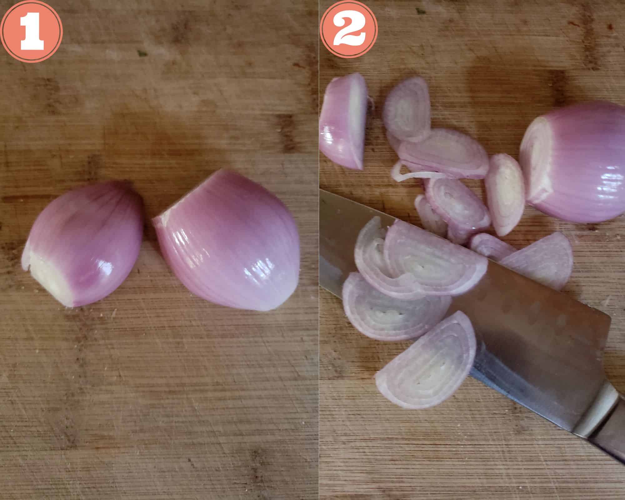Photos that show how to slice a shallot.