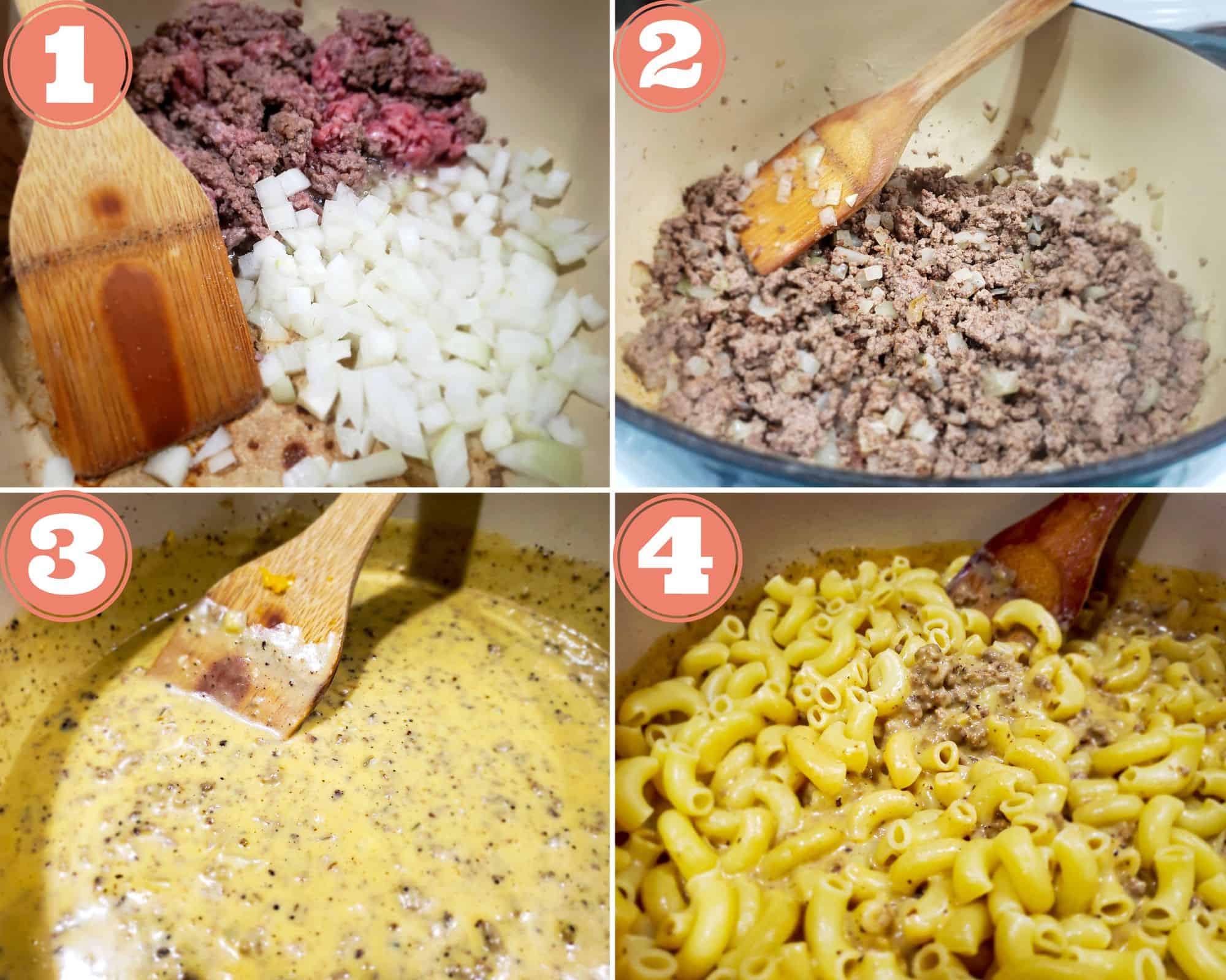 photos that show the steps for making homemade cheeseburger macaroni.