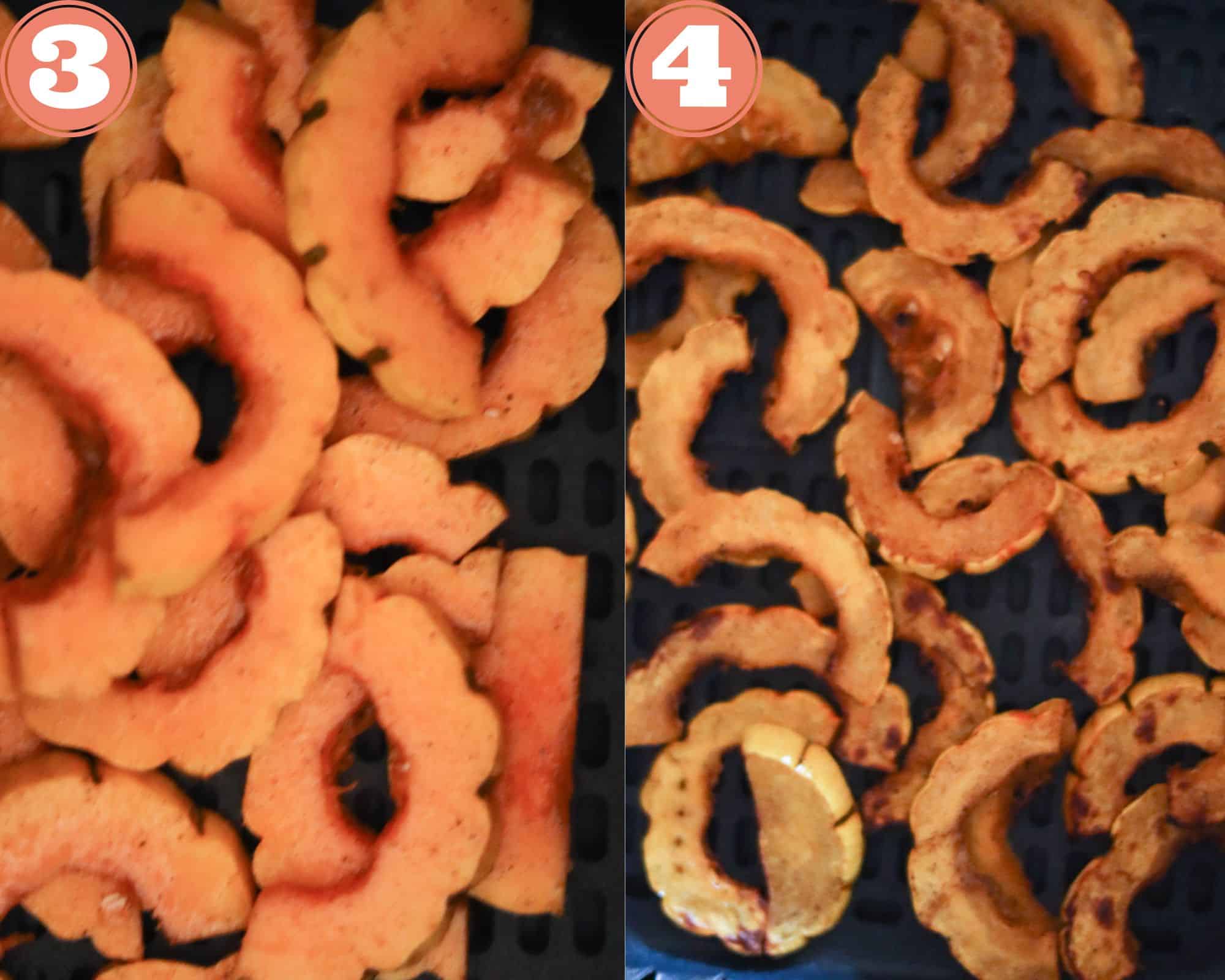 Photos of Delicata Squash in the air fryer before and after cooking.