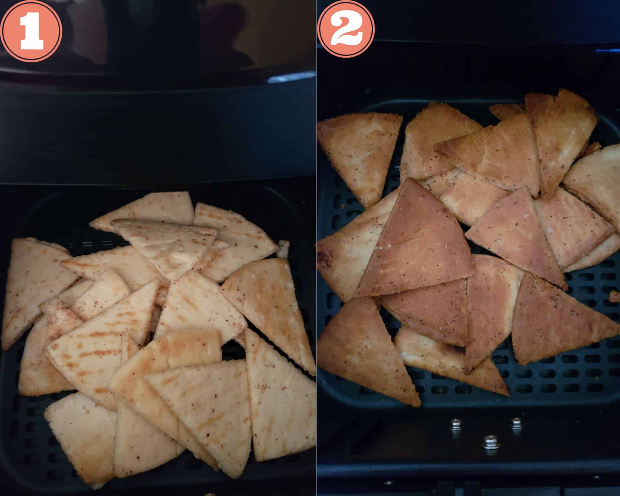 pita chips in the air fryer before cooking and after cooking.