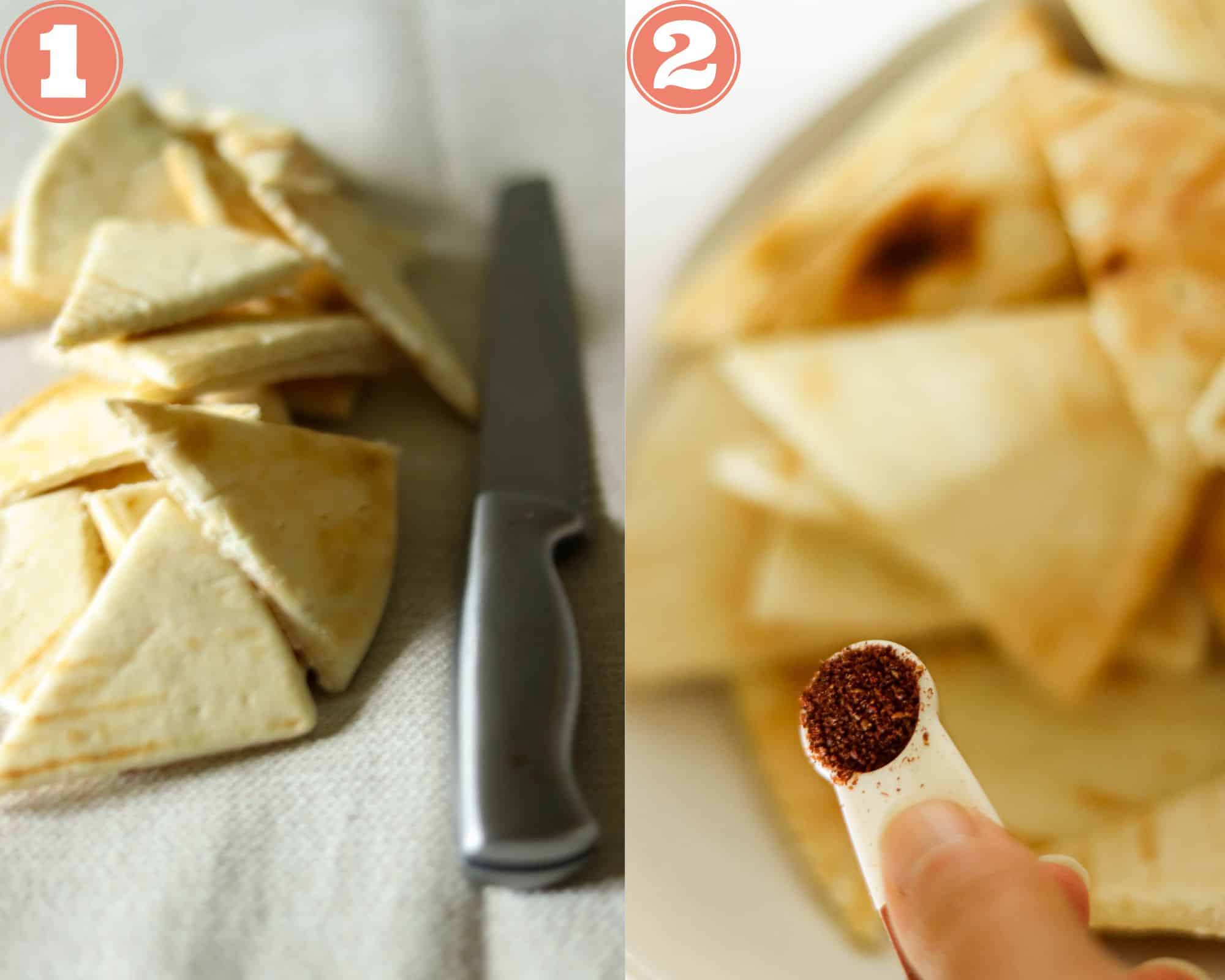 two photos showing the cut pita and adding the seasonings.