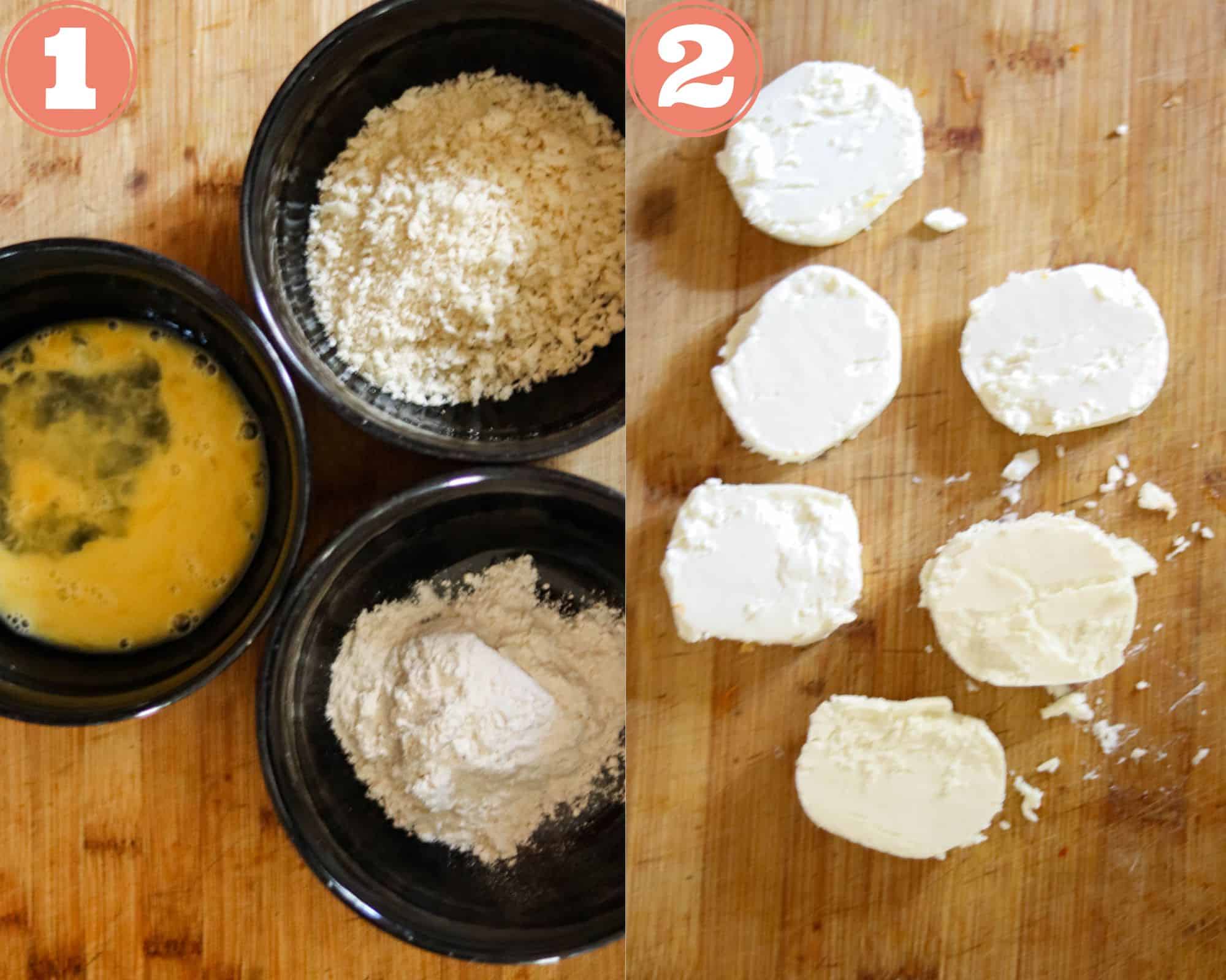 photos side by side of breading ingredients and slices of goat cheese.