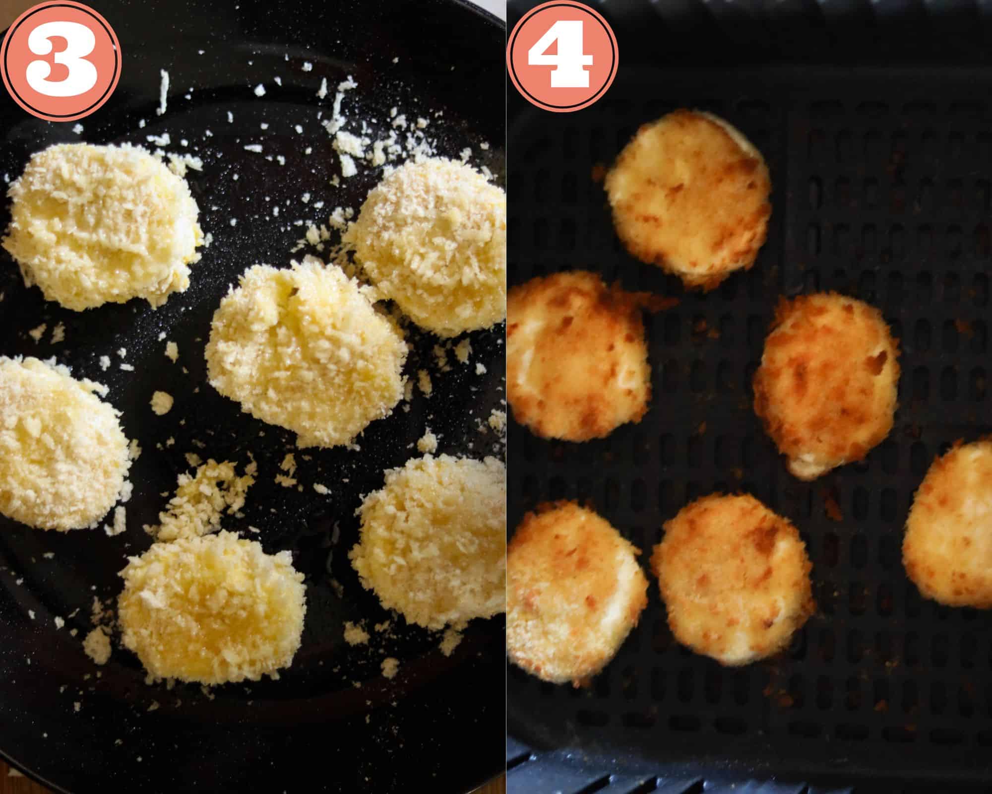 Side by side pictures of breaded goat cheese and fried goat cheese.