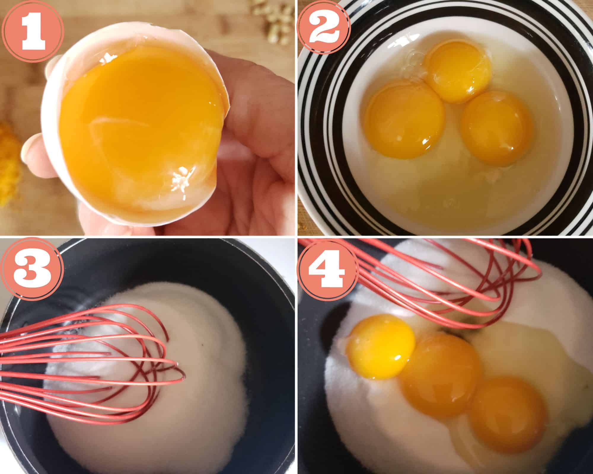 Photos showing how to separate the eggs, and adding the sugar and eggs to the saucepan.