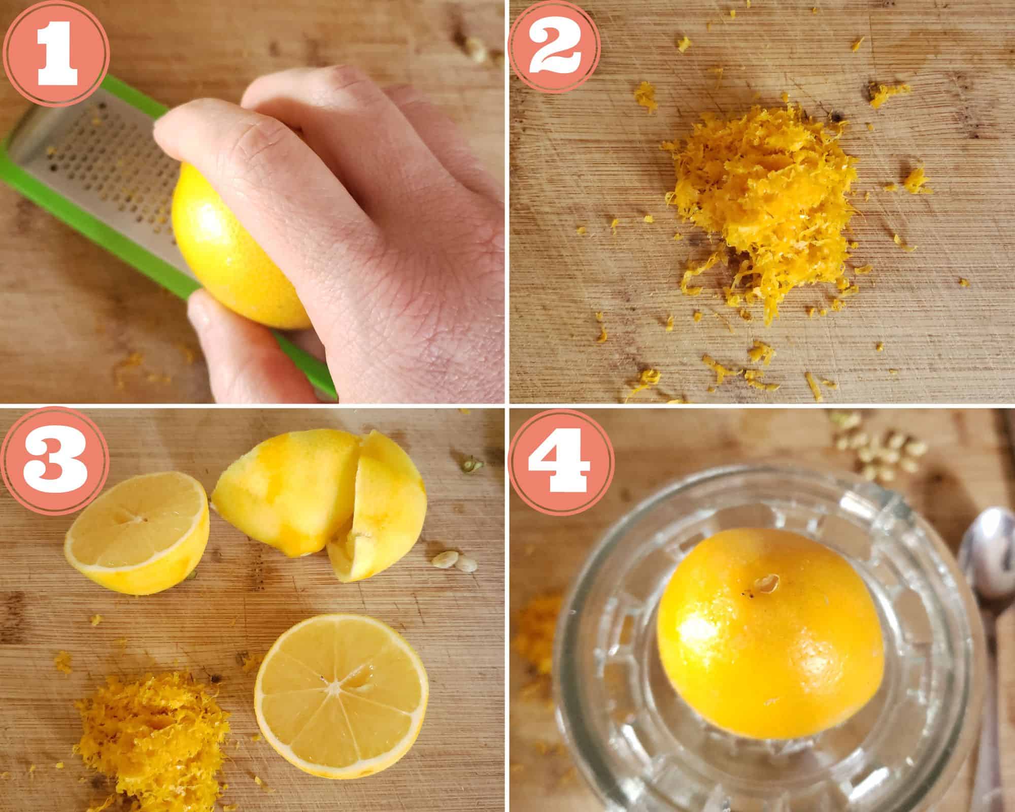 Photos showing how to juice and zest the lemons.