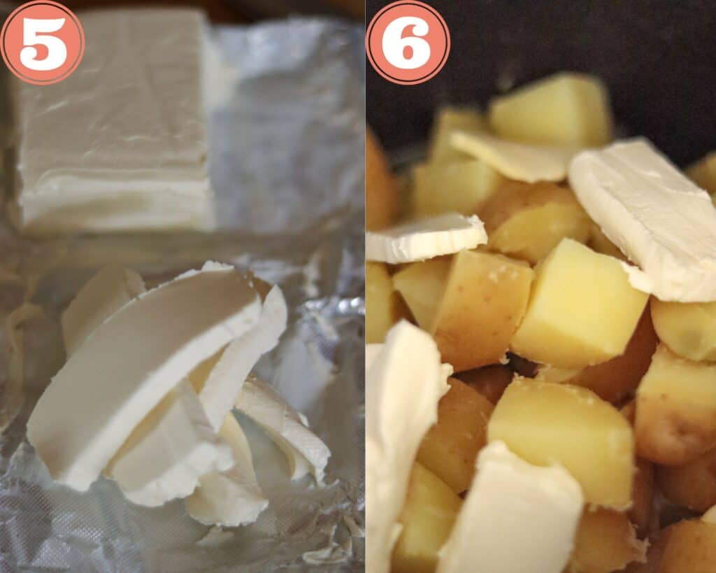 slicing the cream cheese and adding it to the potatoes.