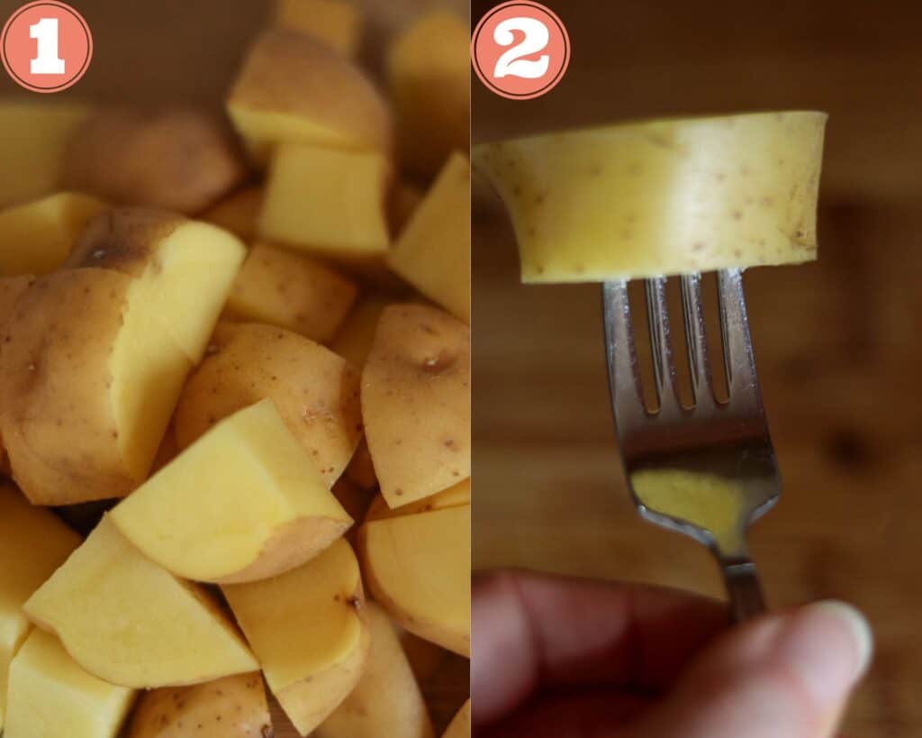 cut the potatoes in even sized pieces and make sure they are pierced easily with a fork.