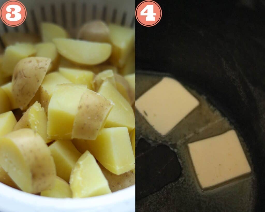 Drain the potatoes and add the butter to the pot to melt it.