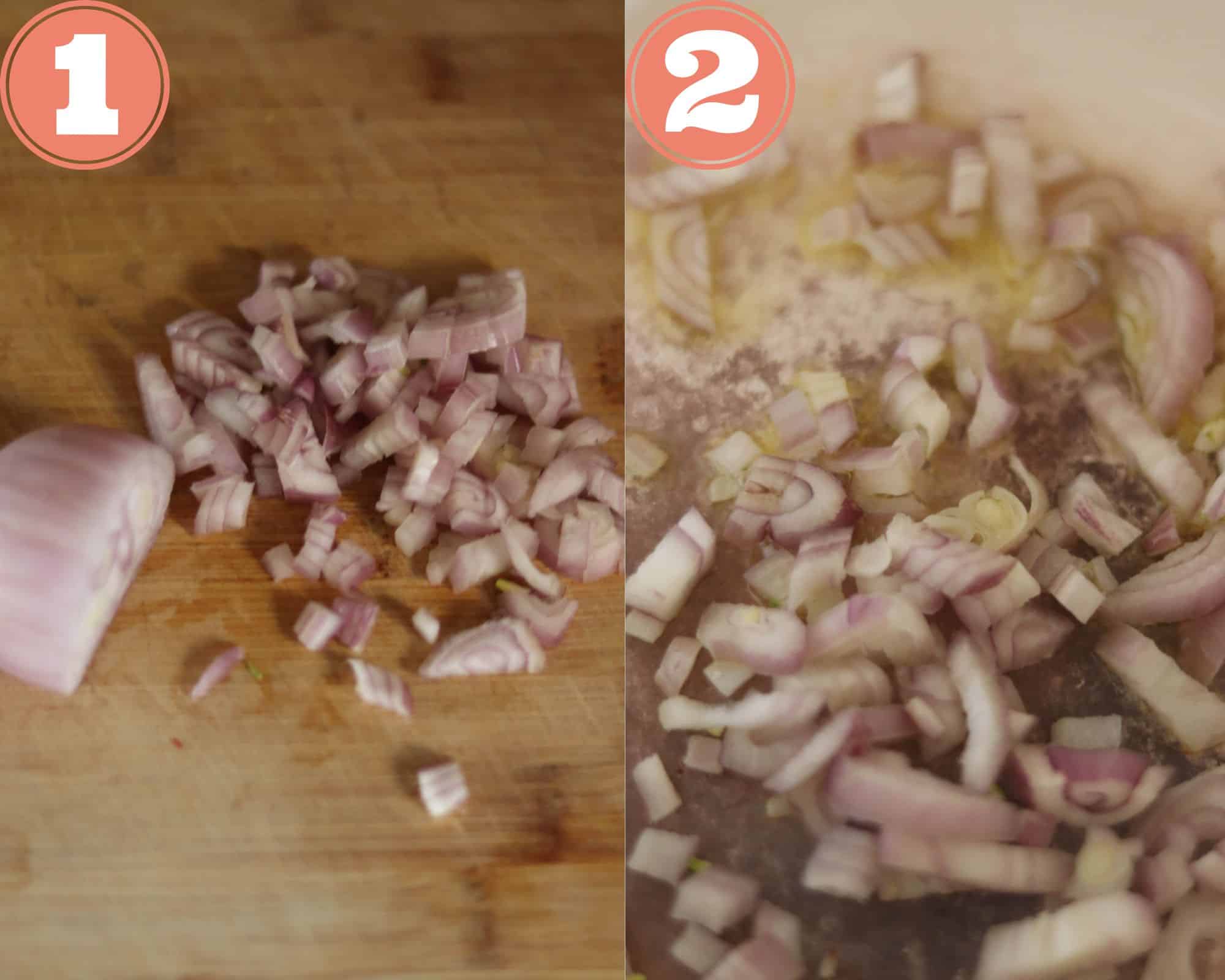 chopping shallots and adding them to the pot.