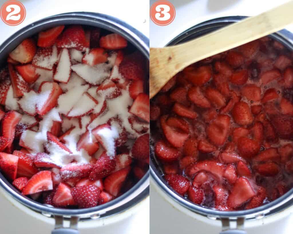 Adding sugar to the strawberries and cooking them.