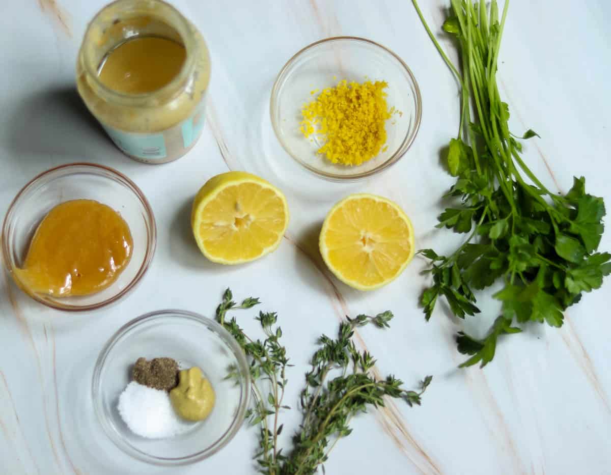 Ingredients for making lemon herb tahini dressing.