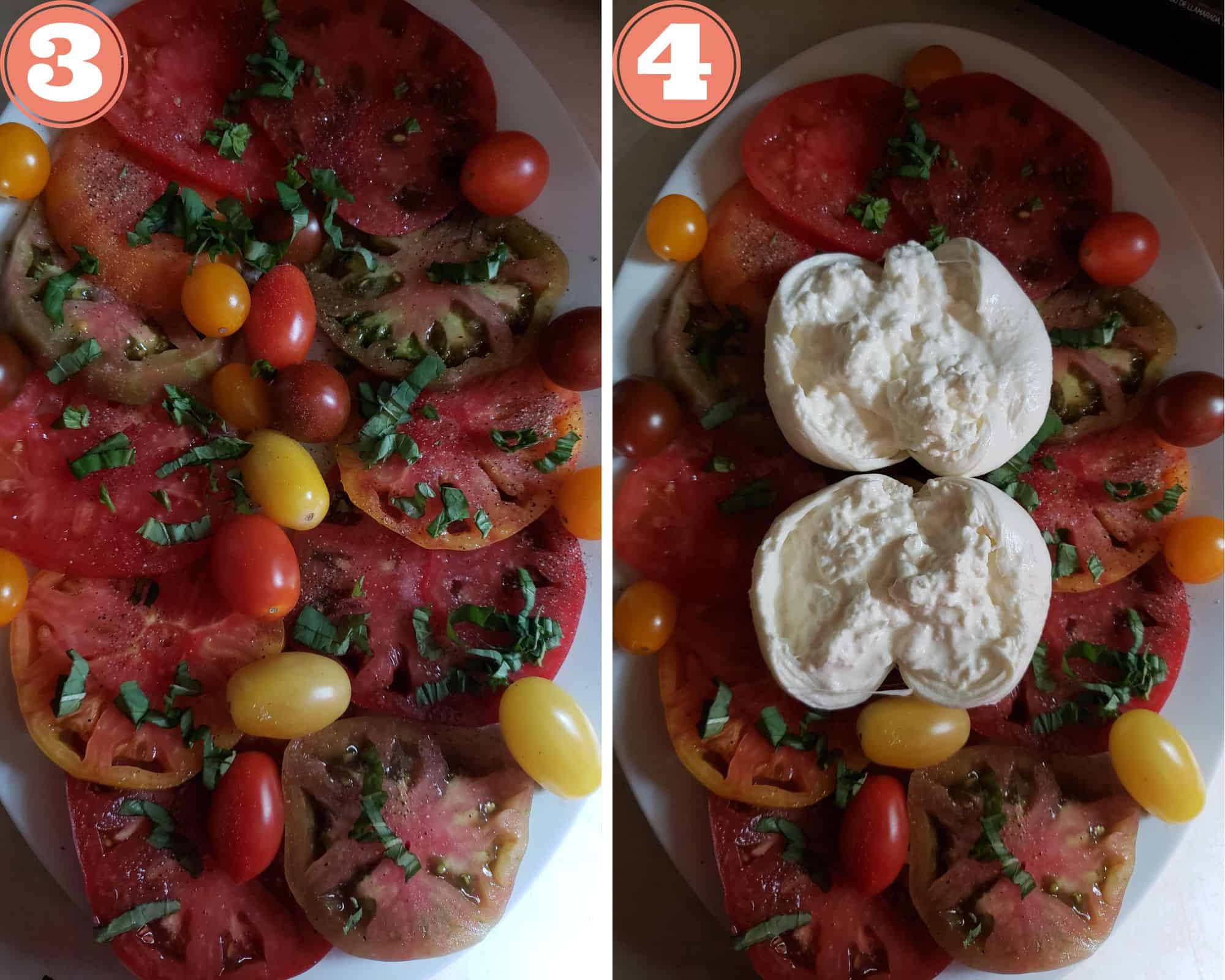 Photos that show adding half of the chopped basil and adding the burrata cheese.