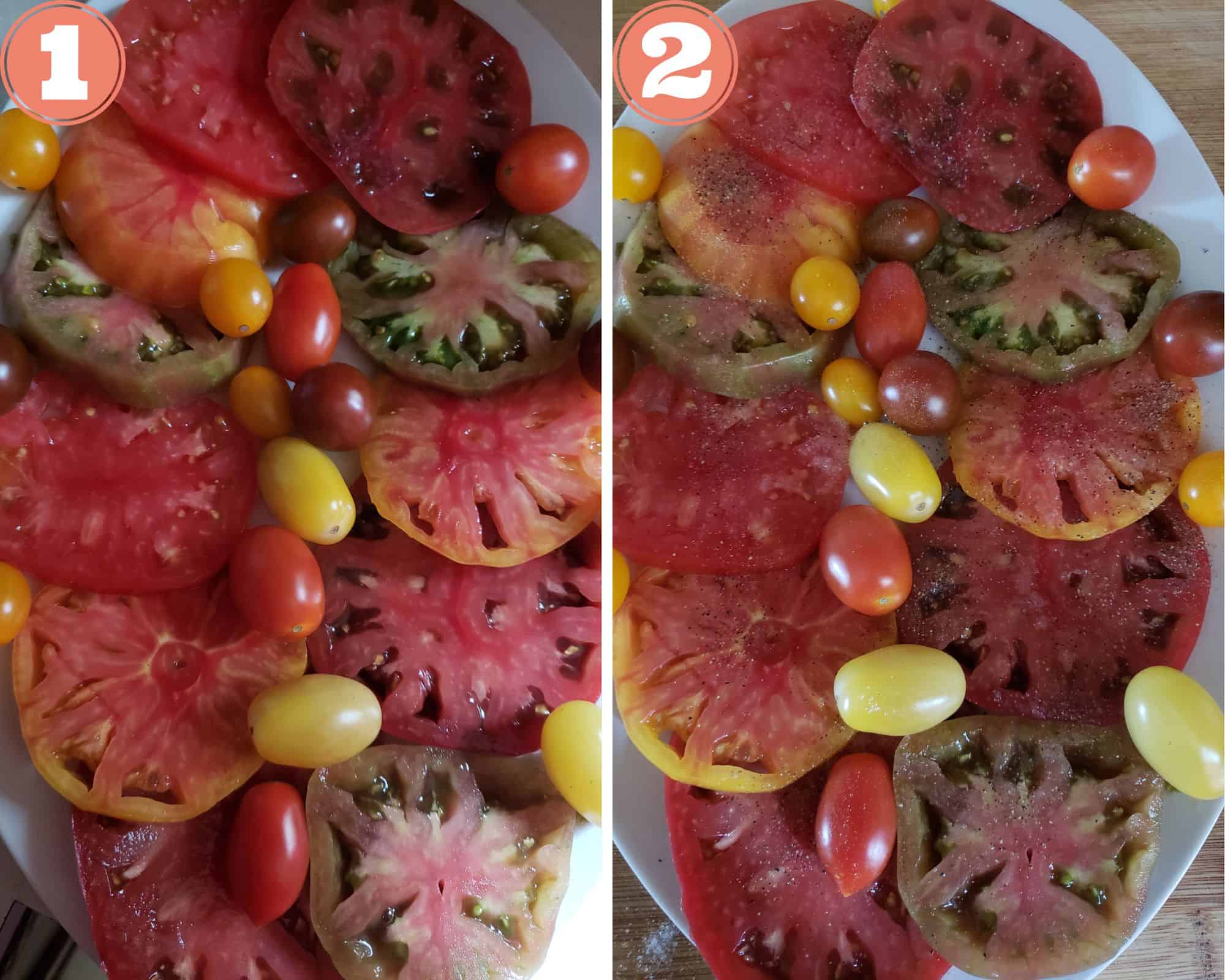 photos that show placing the tomatoes on a plate, and adding salt and pepper to the tomatoes.