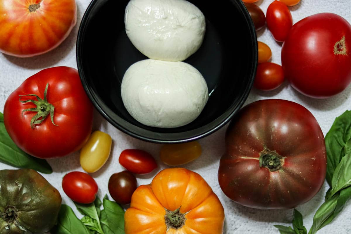 Ingredients for burrata caprese salad.