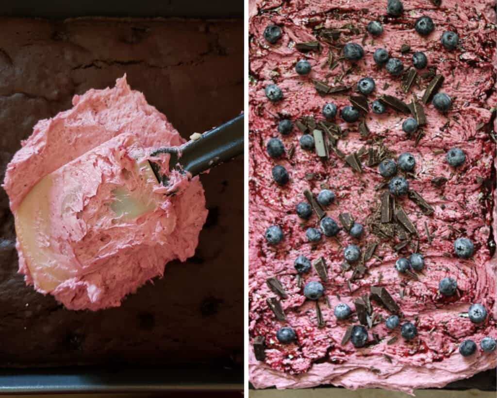 two photos that show adding the blueberry frosting to the chocolate cake.