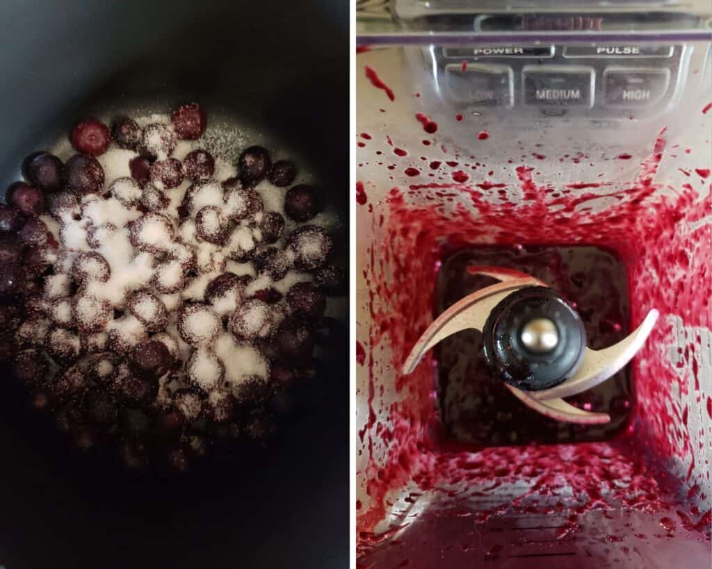 two photos of the blueberries cooking and pureeing the blueberries.