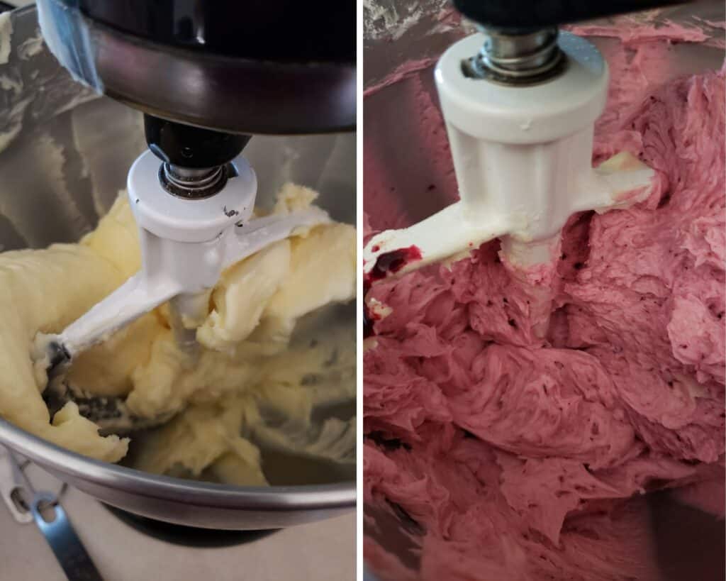 Two side by side photos of the frosting in a stand mixer.