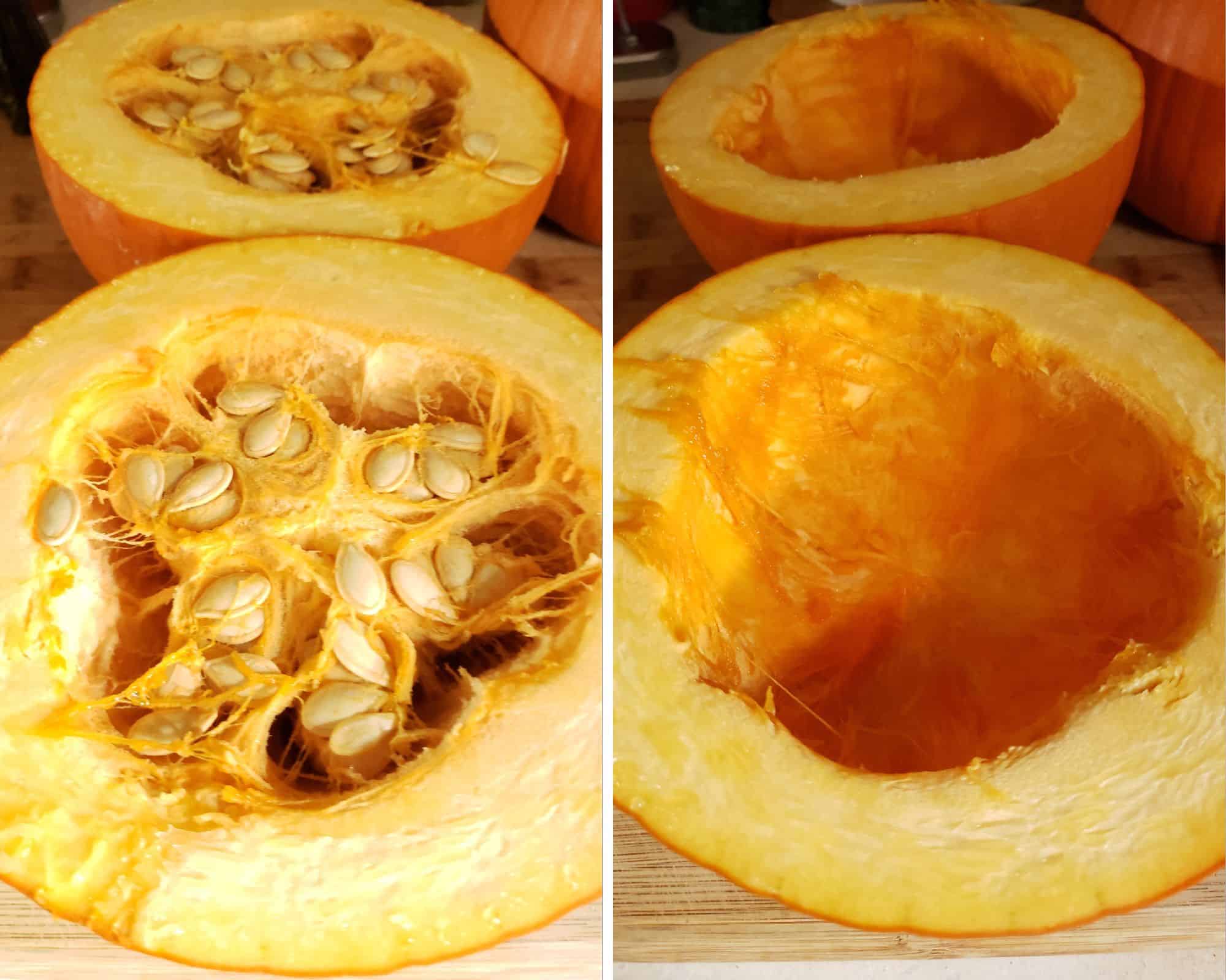 Photos of the seeds being removed from the pumpkin.