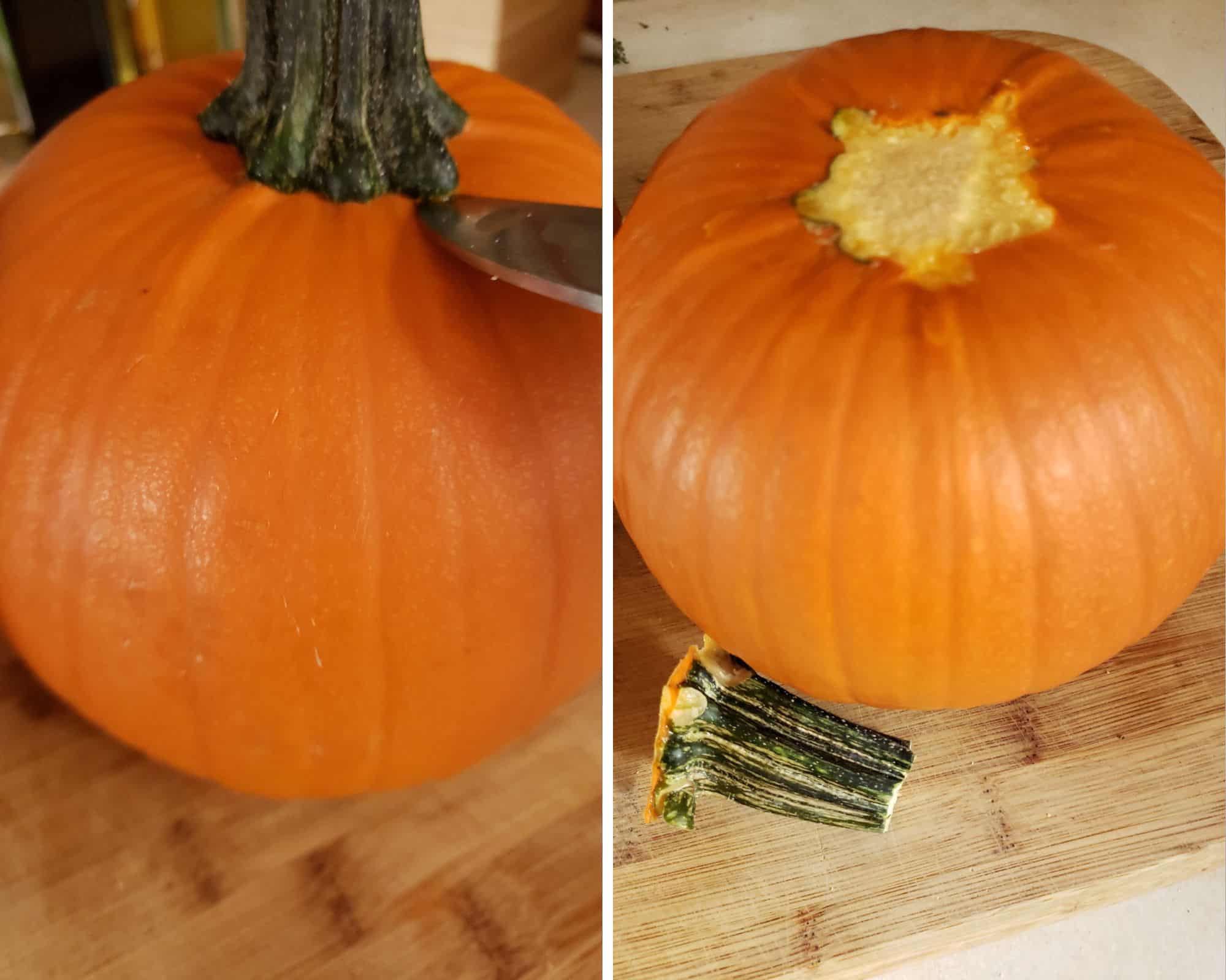 Photos showing how to remove the pumpkin stem.