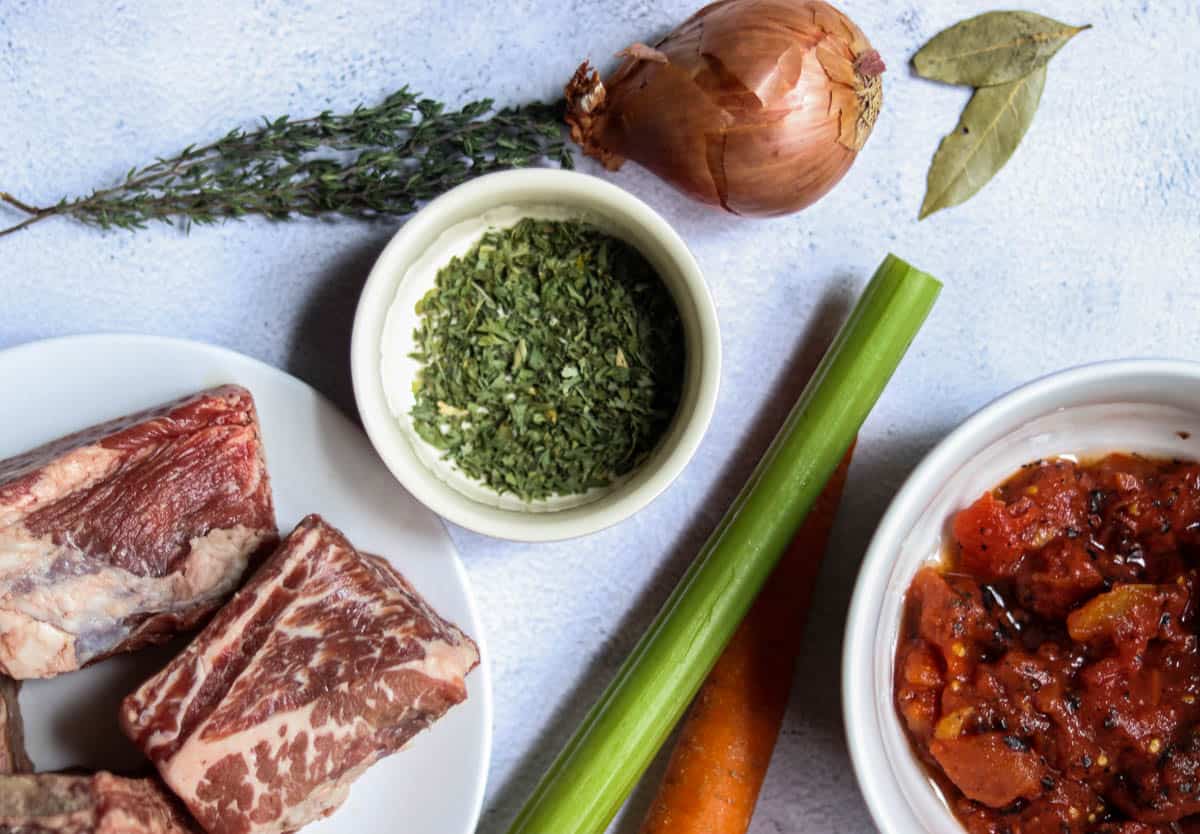 Ingredients needed for beer braised short ribs.