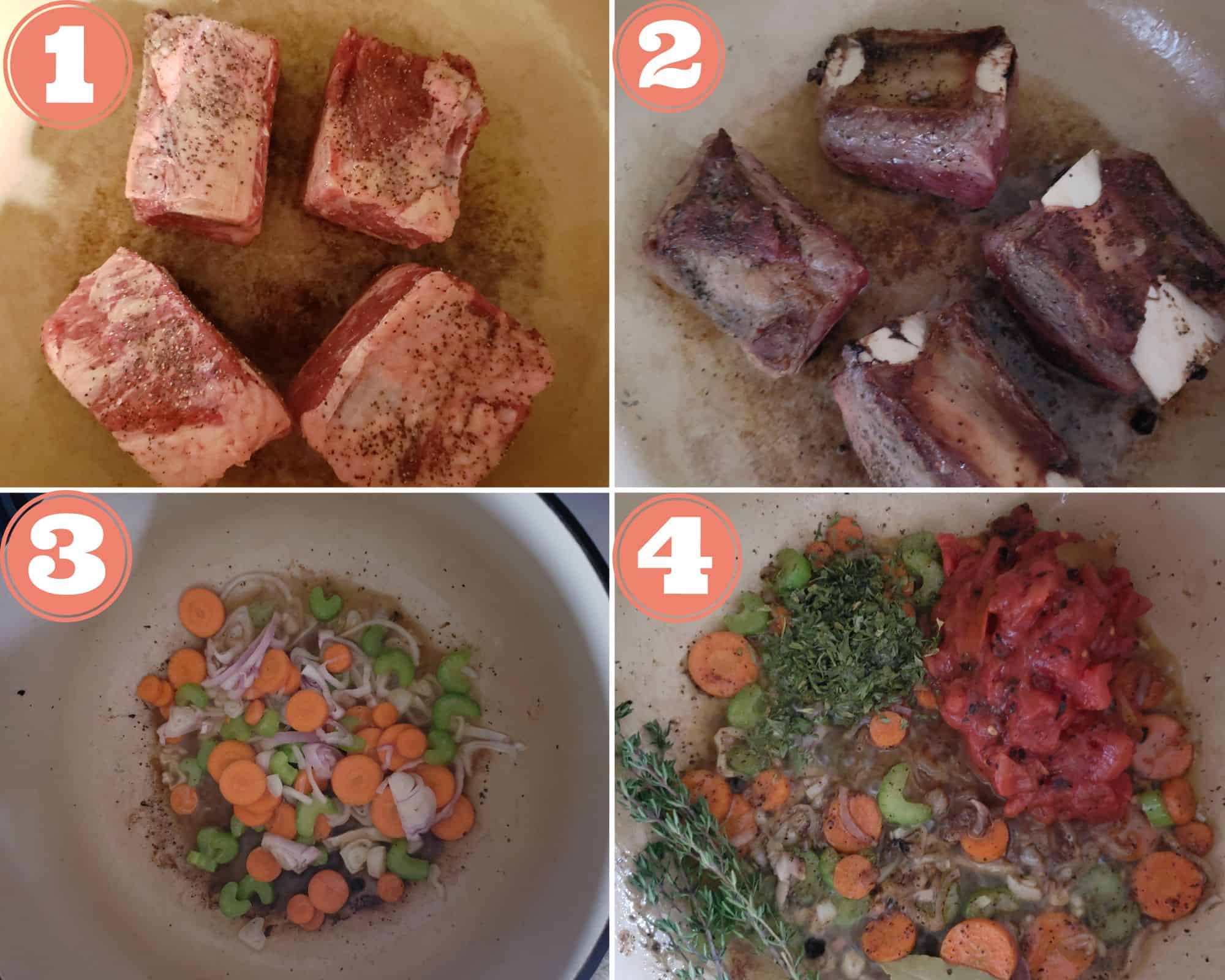 Photos showing browning the short ribs and sauteing the vegetables.