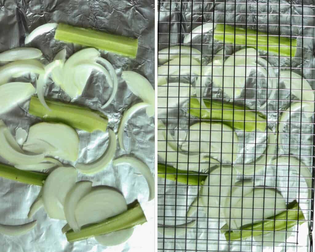 Photos of onions and celery on a baking sheet with a cooling rack on top of the vegetables.