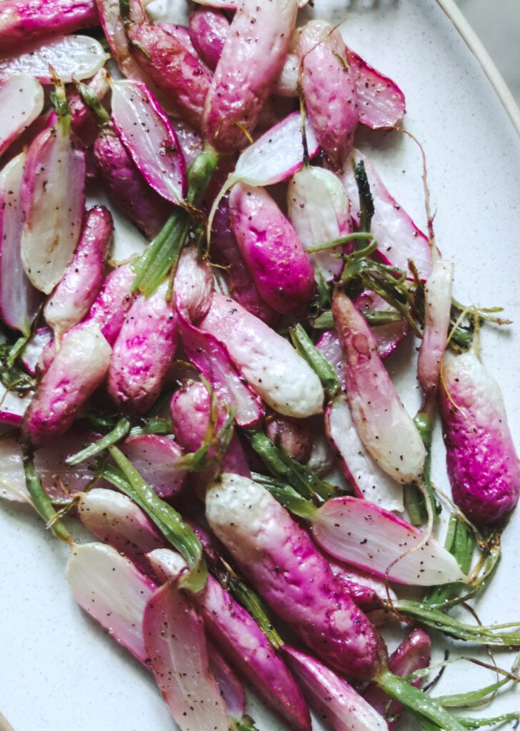 Closeup of radishes after roasting.