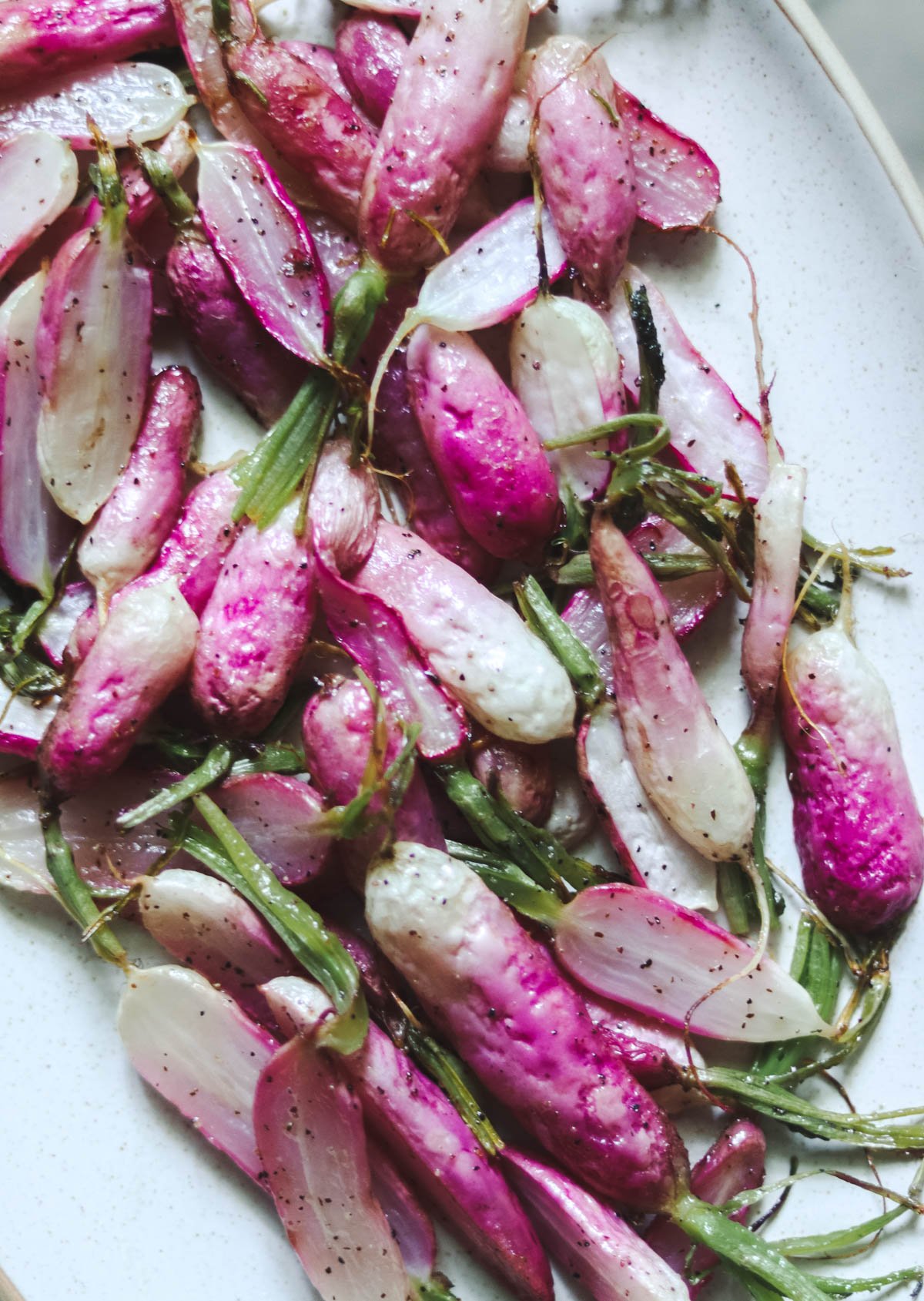 Closeup of radishes after roasting.
