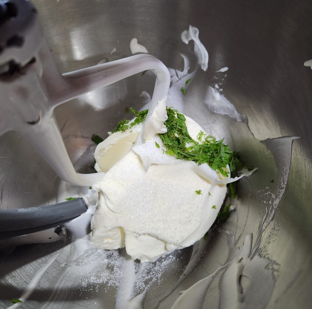 Whipping the mint with the mascarpone.